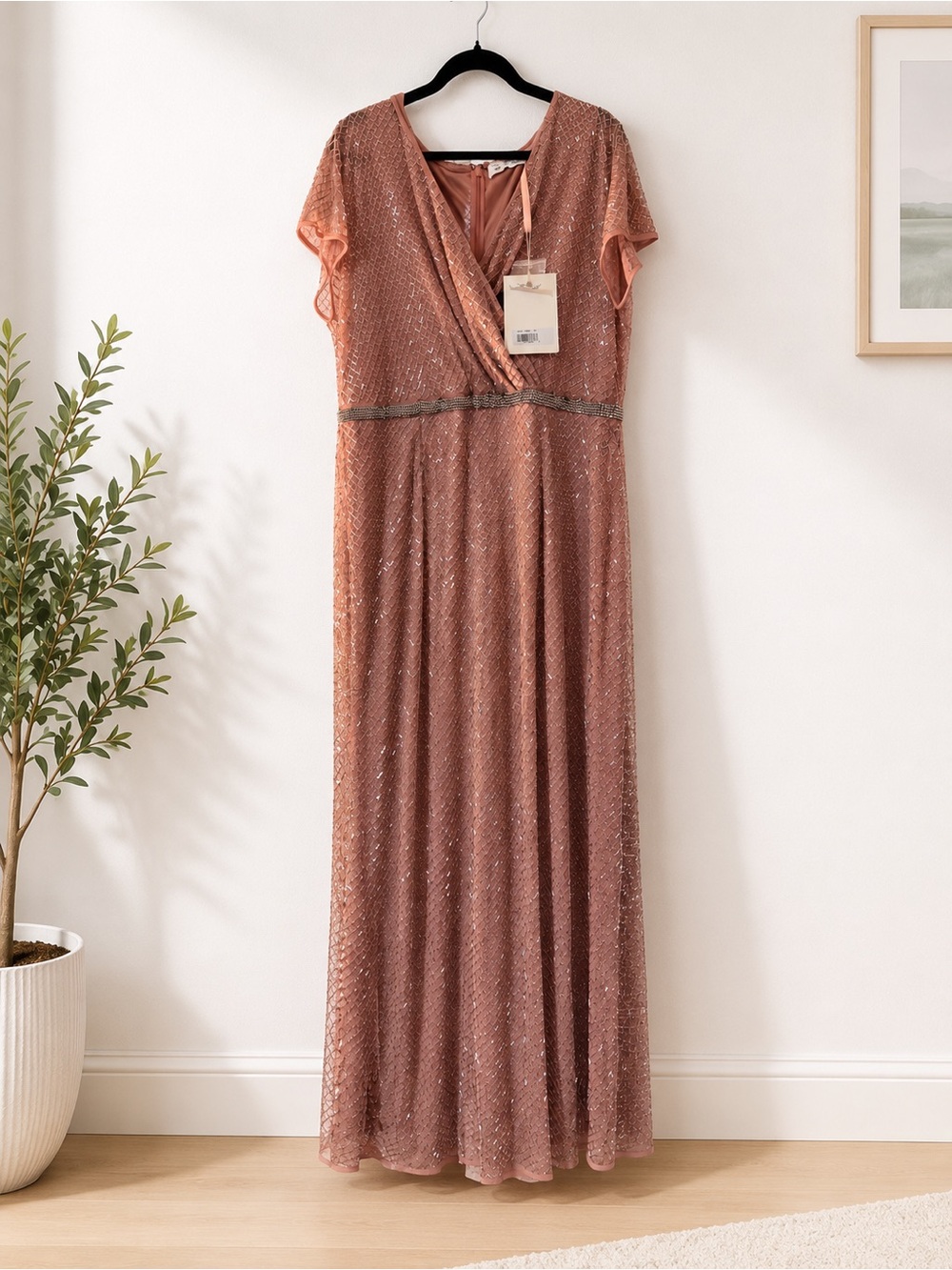 Mac Duggal Rose Gold Sequin Wrap Maxi Dress